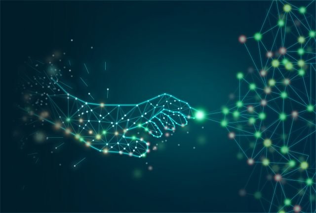 ilustração digital, mão e conexões.